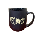 Black mug with gold Spartan head and Sycamore Spartans text